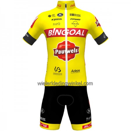 Set Fietsshirt + Korte Koersbroek 2022 Bingoal Pauwels Sauces WB Rood Neongeel